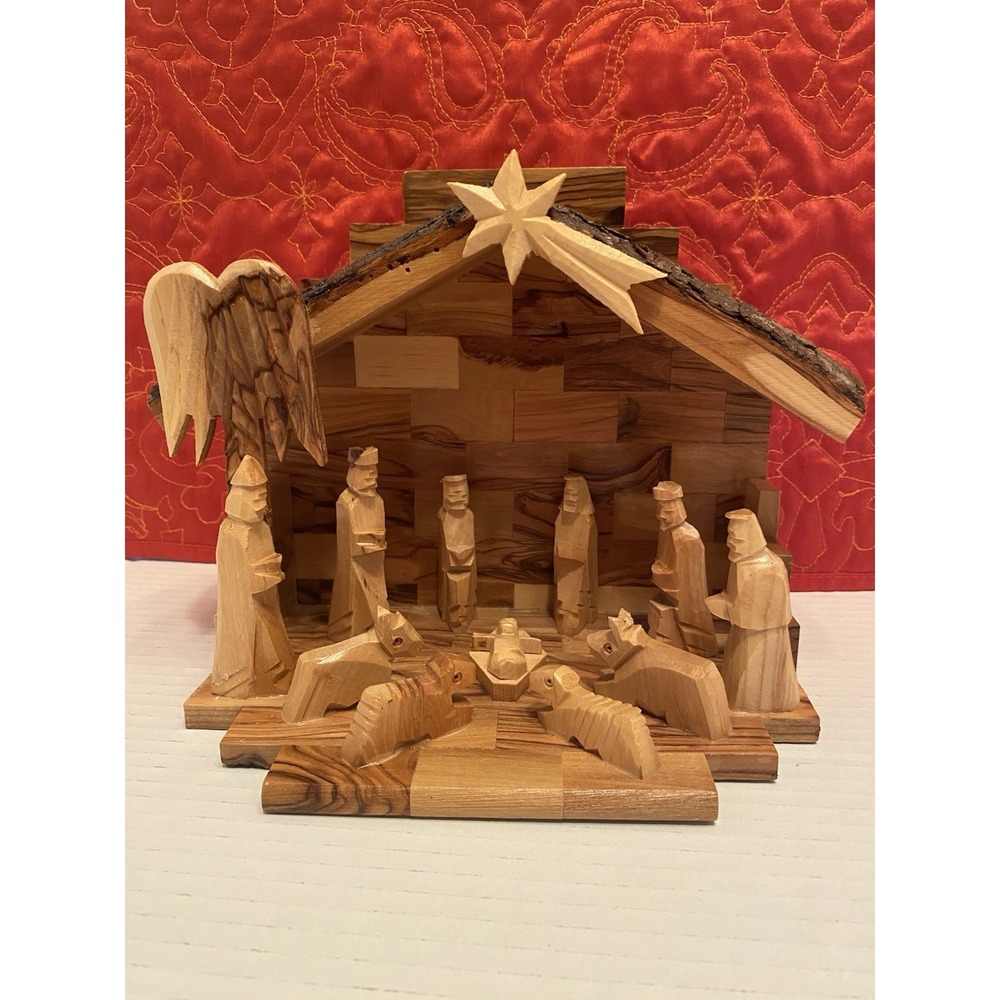 New Carved Olive Wood Nativity Set with Figurines, Bark Roof Made in Bethlehem